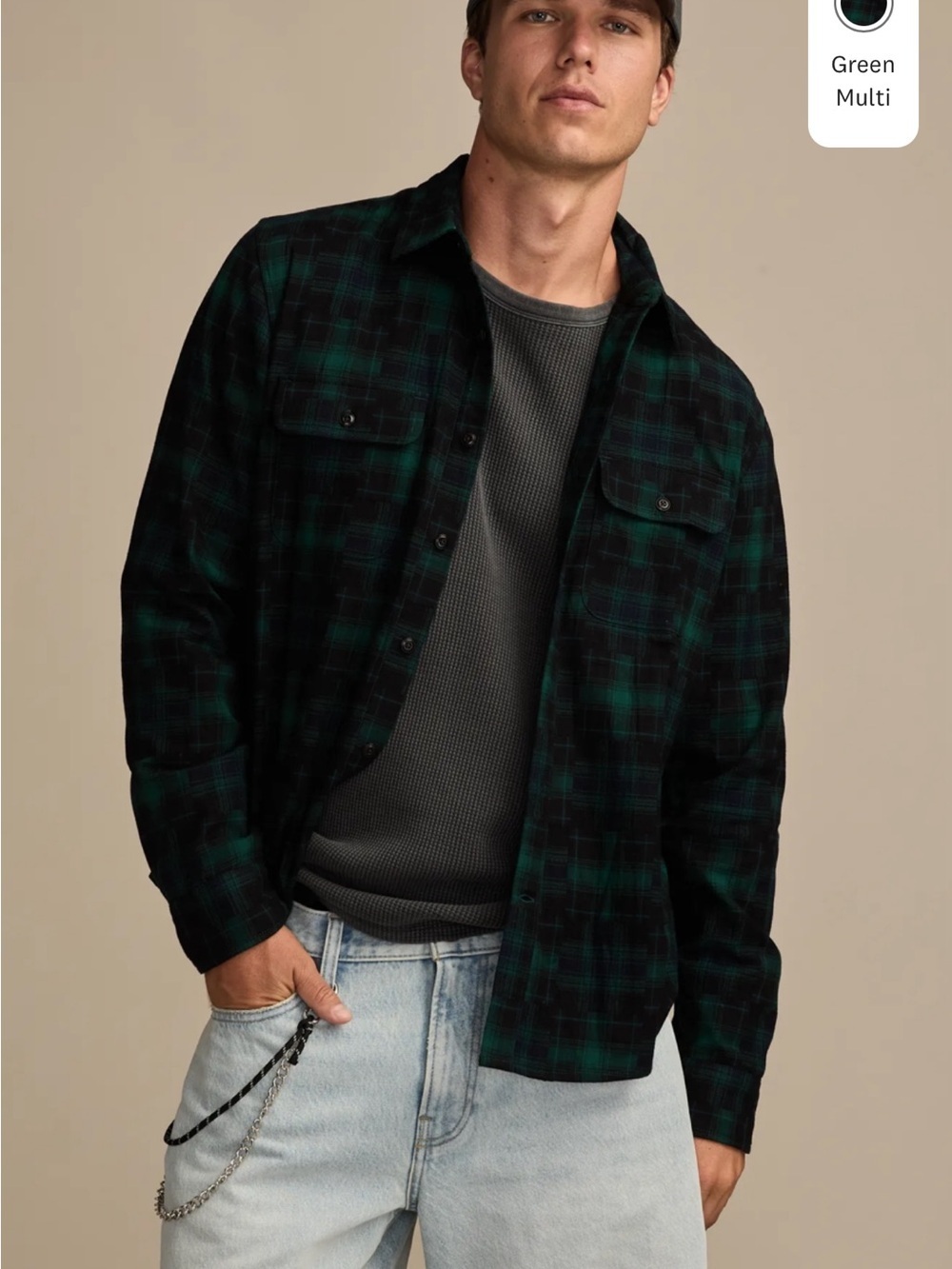 Lucky Brand Green & Black patchwork Plaid button down size small